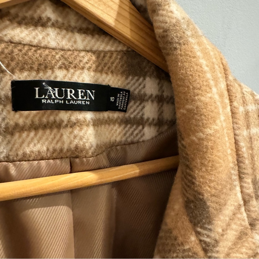 NWT Lauren Ralph Lauren Plaid Double Breasted Reefer Coat In Camel, Size 10 - Picture 7 of 13